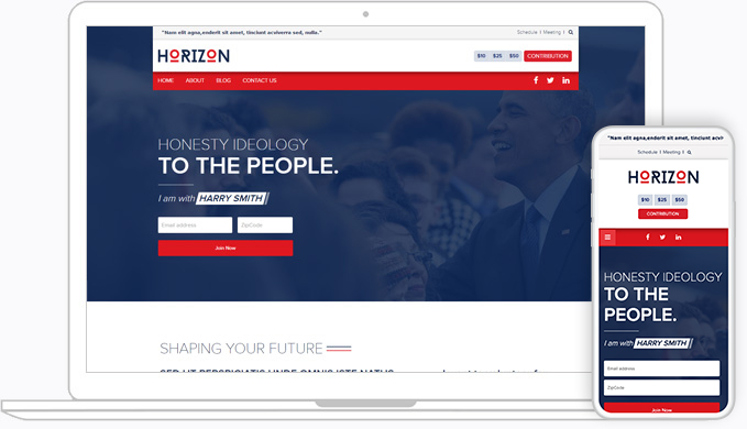 Horizon is a custom NationBuilder responsive theme for non-profits, political and business organizations