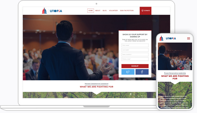 Utopia is a custom NationBuilder responsive theme for non-profits, political and business organizations